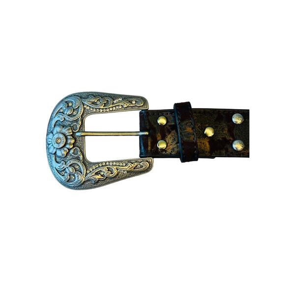 Nocona Belt Co Western Studded Belt Brown Silver Floral Buckle Size 38 1.5” main image 4
